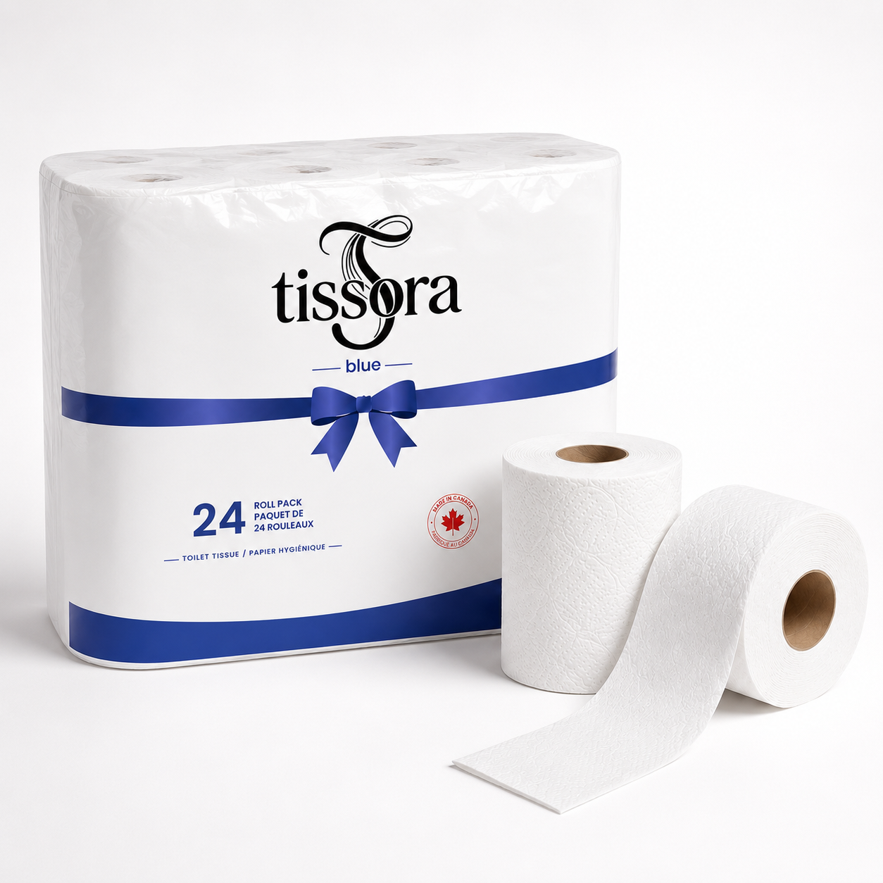 Tissora blue 24-roll pack of 2-ply toilet tissue beside two loose white rolls