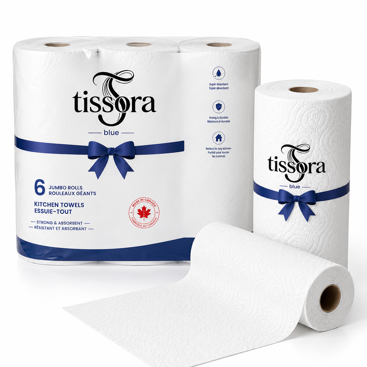 Tissora blue 6-roll jumbo pack of 4-ply kitchen towels beside a single unrolled towel roll