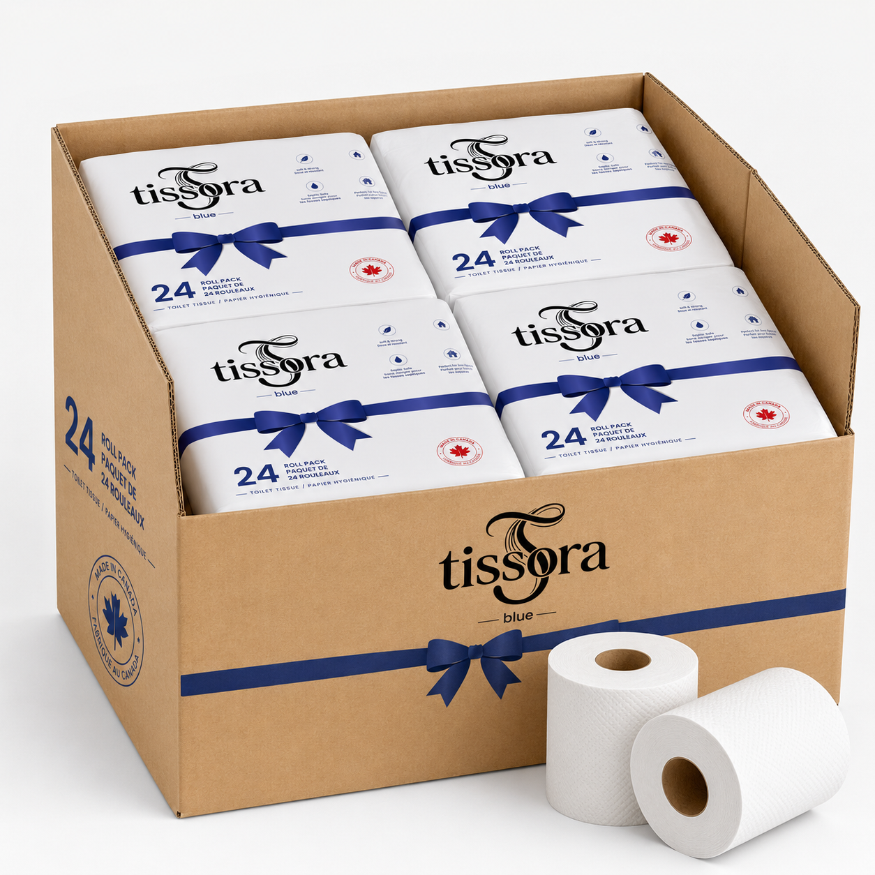 A Tissora shipping case holding 24-roll bathroom tissue packs